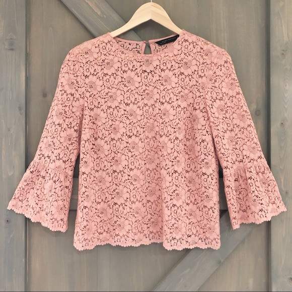 Zara Blush Pink Lace Bell Sleeve Blouse Size Small - Picture 4 of 8